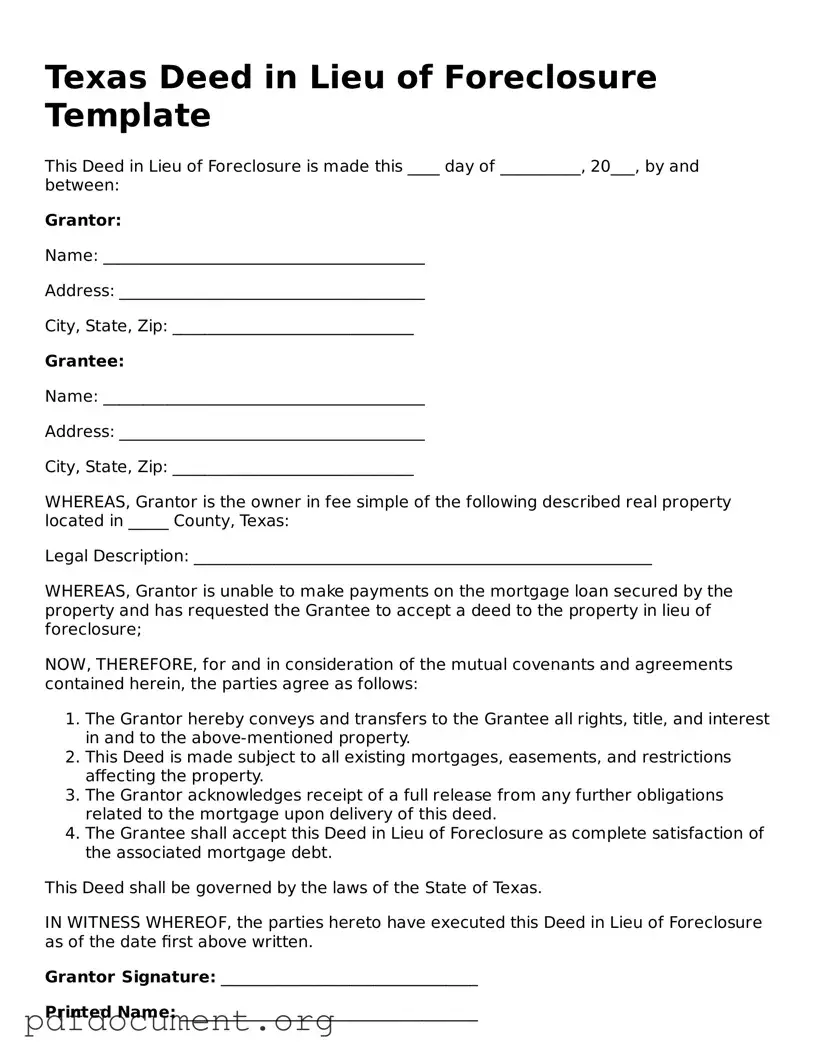 Blank Deed in Lieu of Foreclosure Form for Texas State
