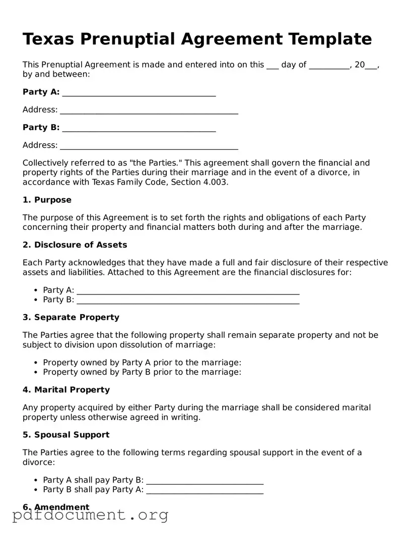 Blank Prenuptial Agreement Form for Texas State