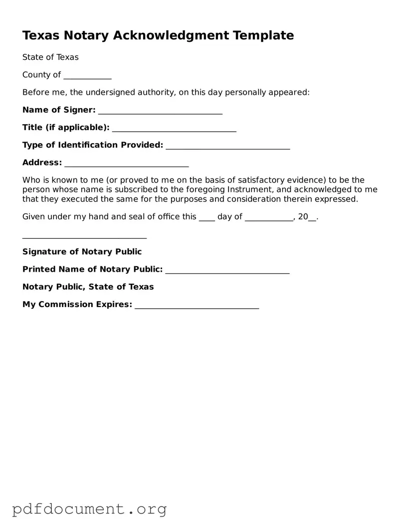 Blank Notary Acknowledgement Form for Texas State