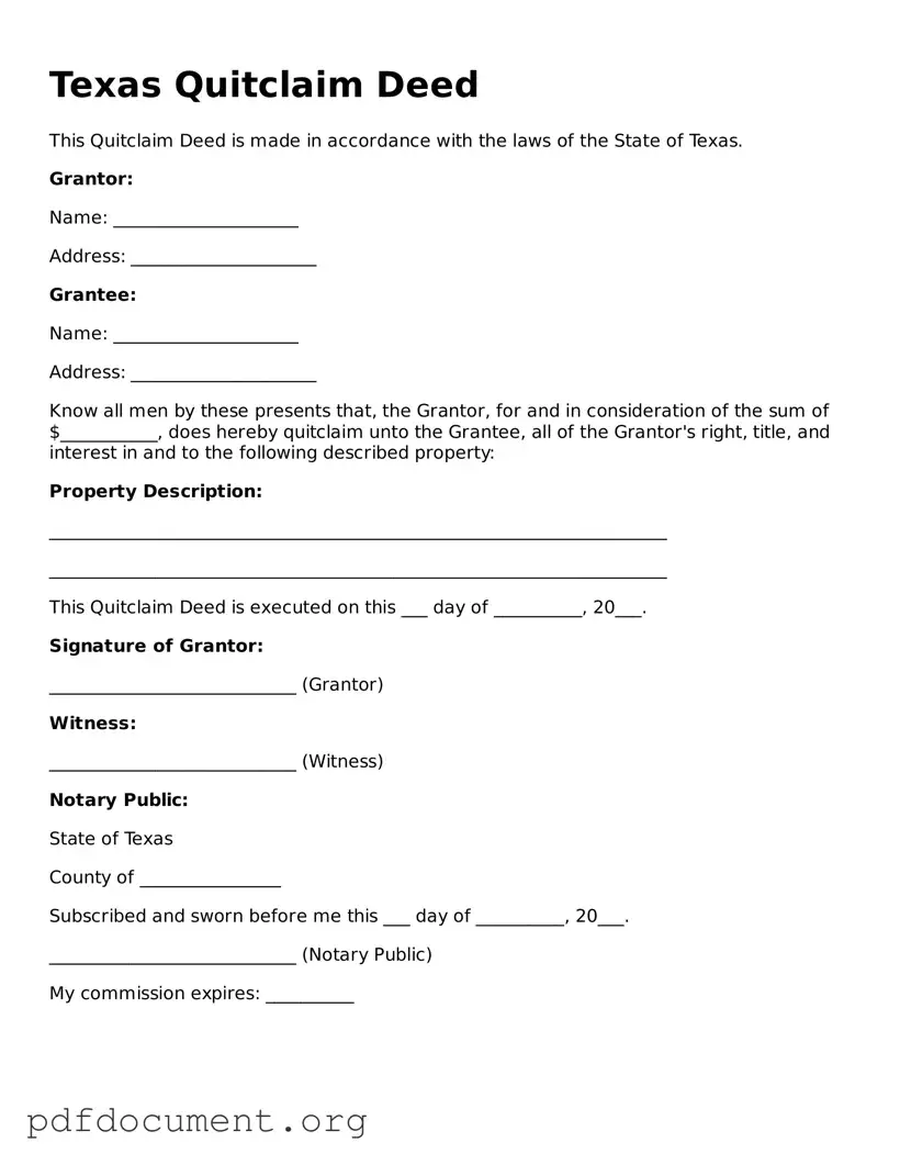 Blank Quitclaim Deed Form for Texas State