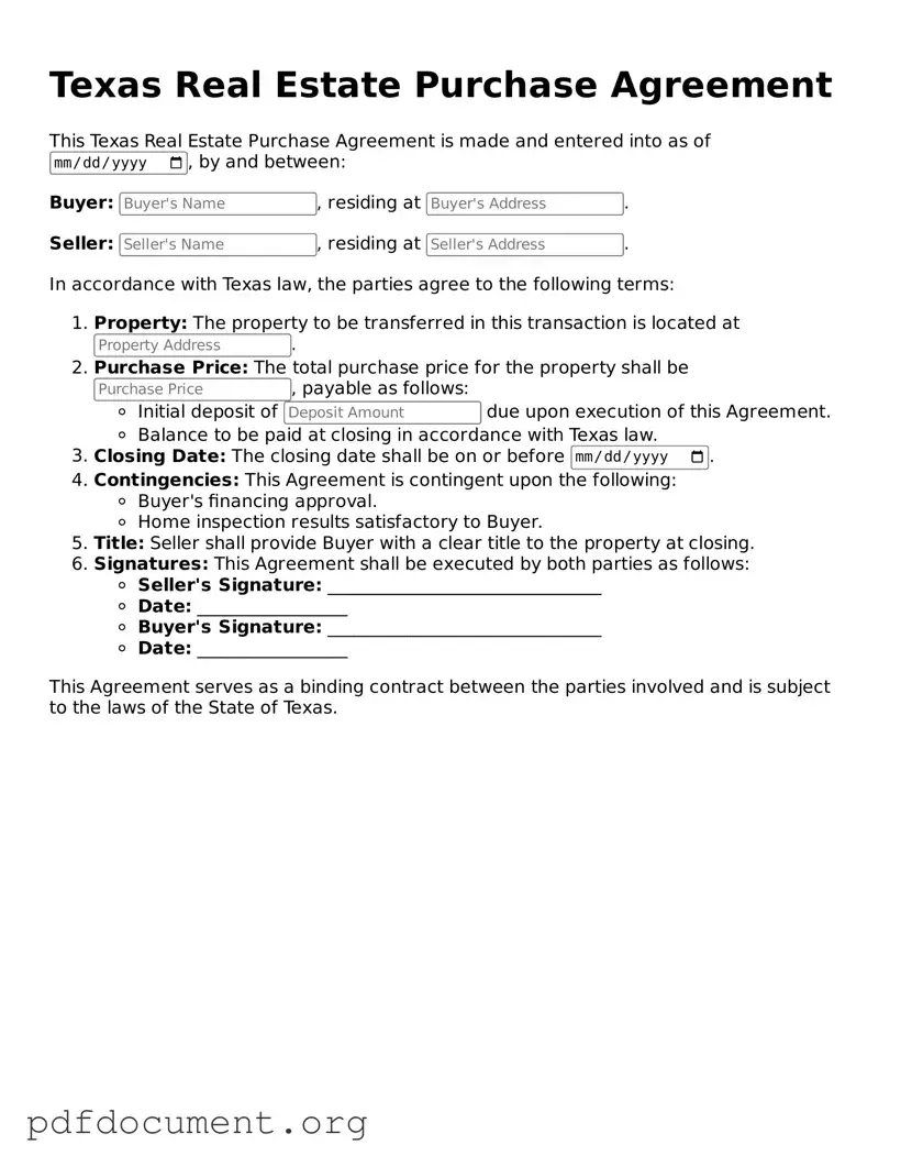 Blank Real Estate Purchase Agreement Form for Texas State