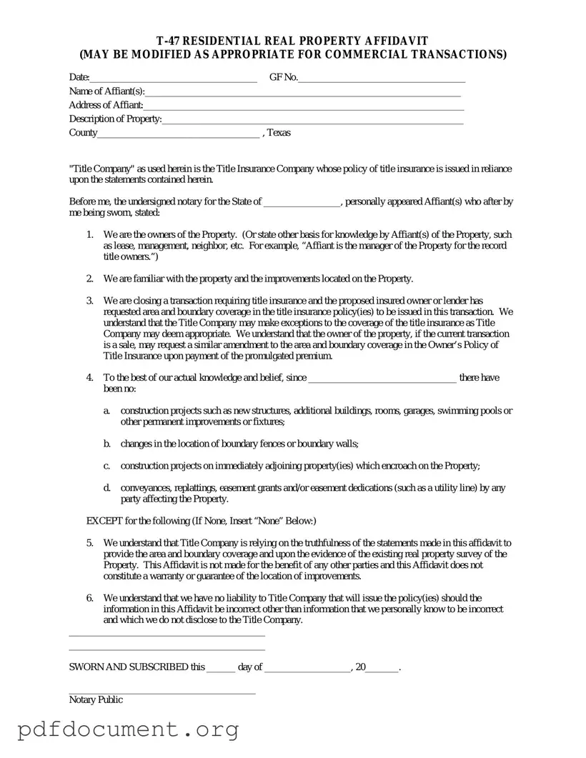 Fill Out Your Texas residential property affidavit T-47 Form