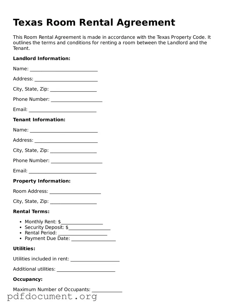 Blank Room Rental Agreement Form for Texas State