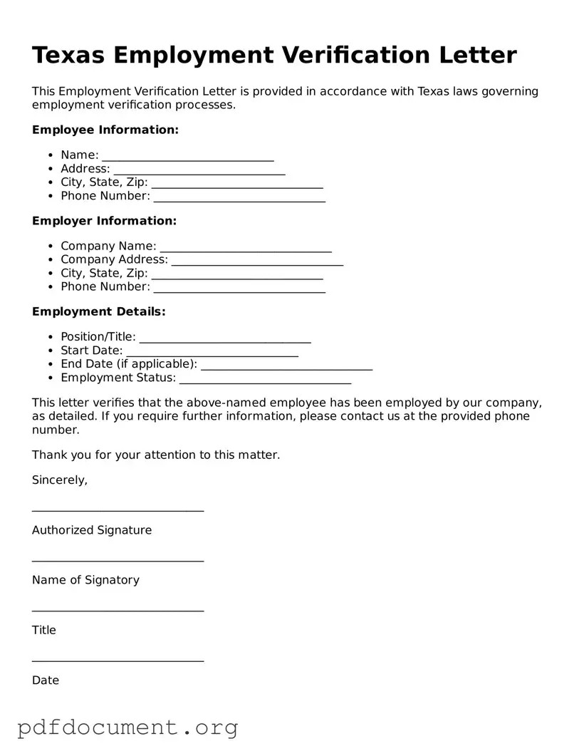 Blank Employment Verification Form for Texas State