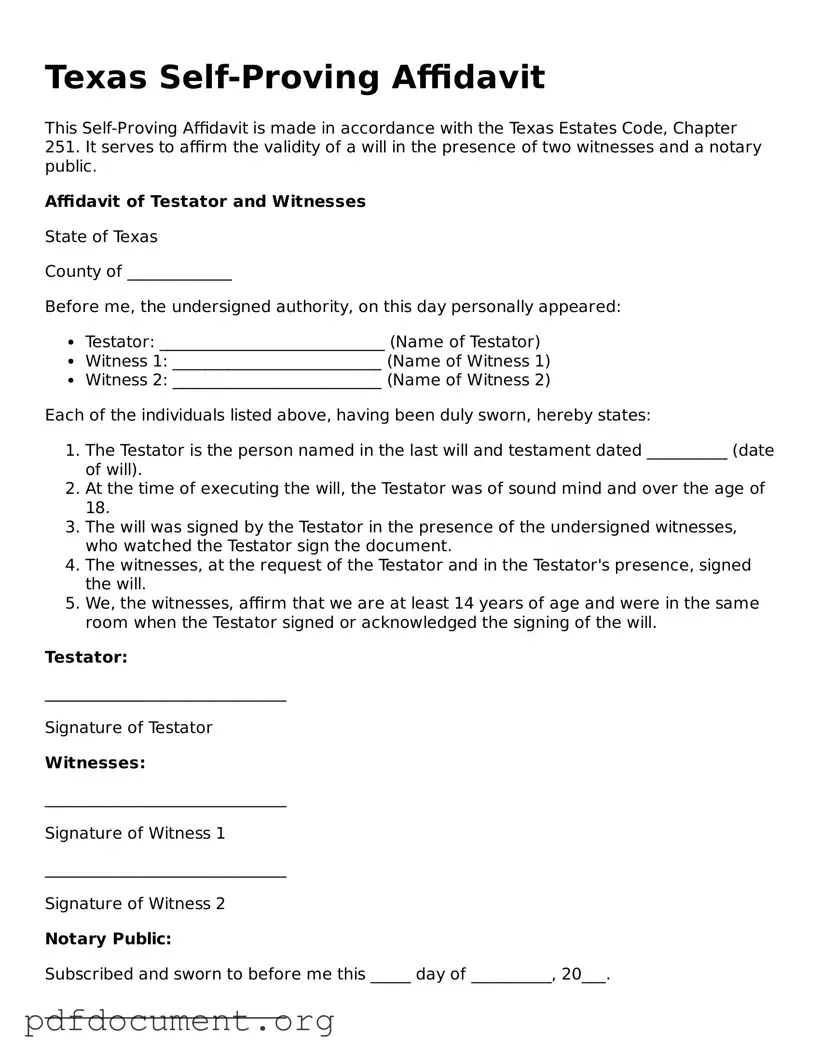 Blank Self-Proving Affidavit Form for Texas State