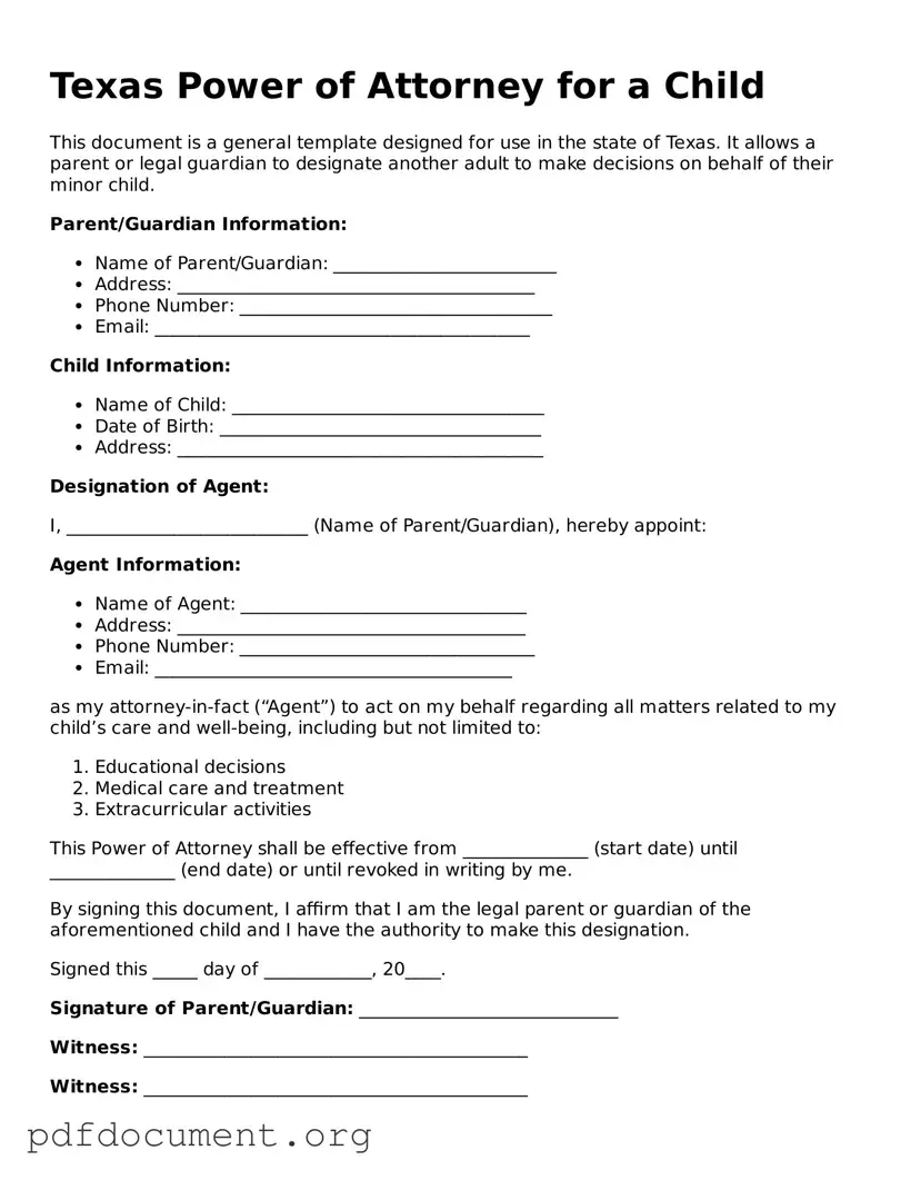 Blank Power of Attorney for a Child Form for Texas State