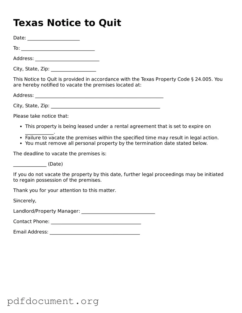 Blank Notice to Quit Form for Texas State