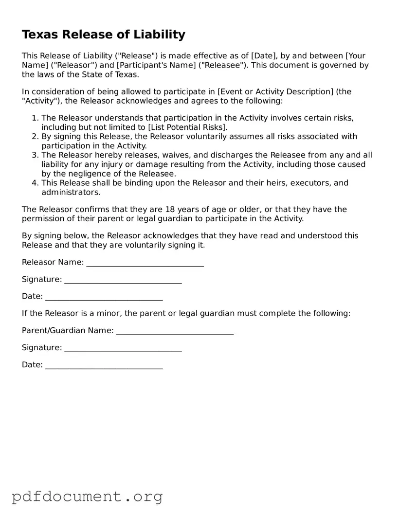 Blank Release of Liability Form for Texas State