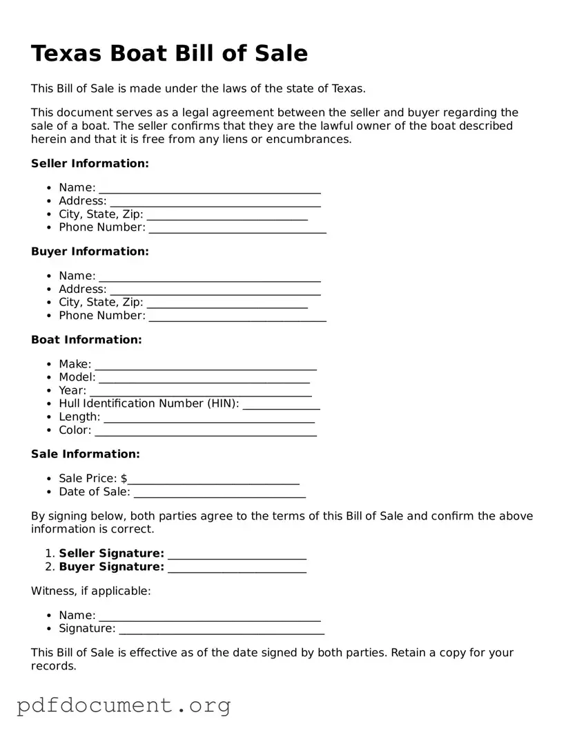 Blank Boat Bill of Sale Form for Texas State