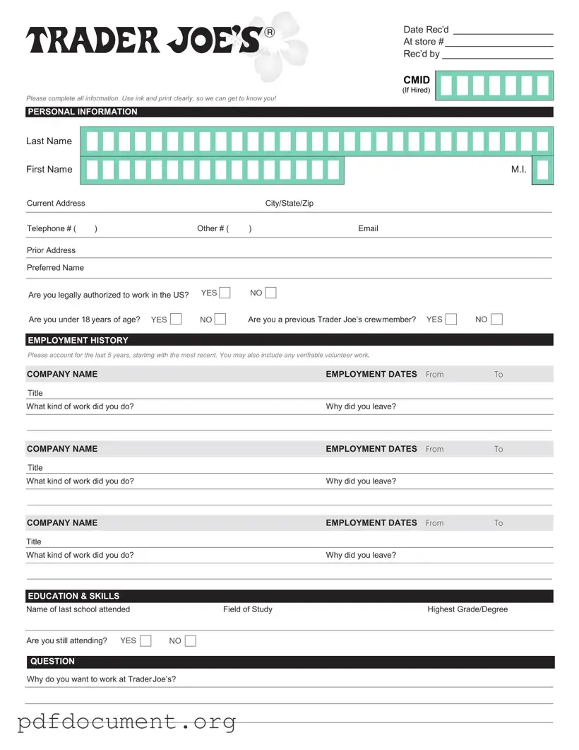 Fill Out Your Trader Joe's application Form